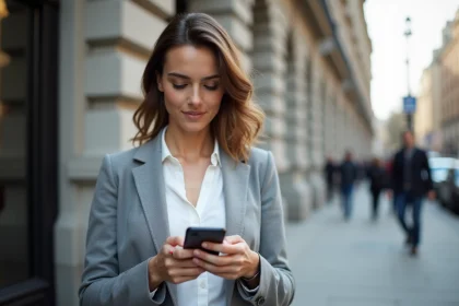 Femme professionnelle utilisant un outil de gestion sur smartphone en extérieur en ville