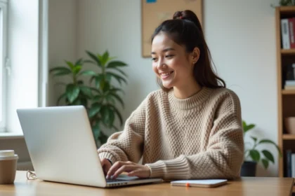 Femme souriante recherchant un appartement sur son ordinateur