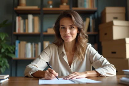 Femme rédigeant une lettre de préavis à son bureau avec des cartons de déménagement en arrière-plan