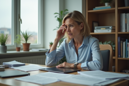 Femme d'âge moyen pensant dans un bureau à domicile