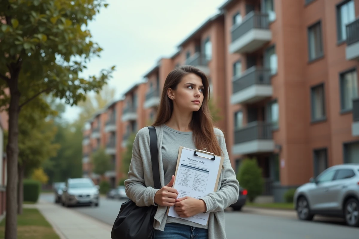 Jeune femme devant immeuble résidentiel avec reçus de loyer