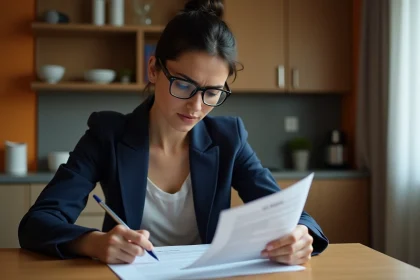 Femme révisant des documents de bail meublé à une table de cuisine, expression préoccupée face aux clauses du contrat de location