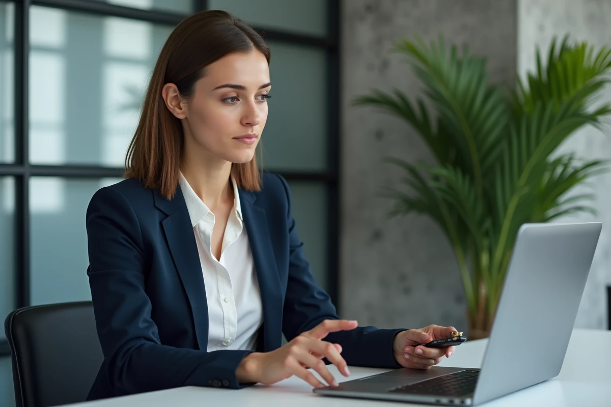 Femme professionnelle manipulant une clé USB encryptée
