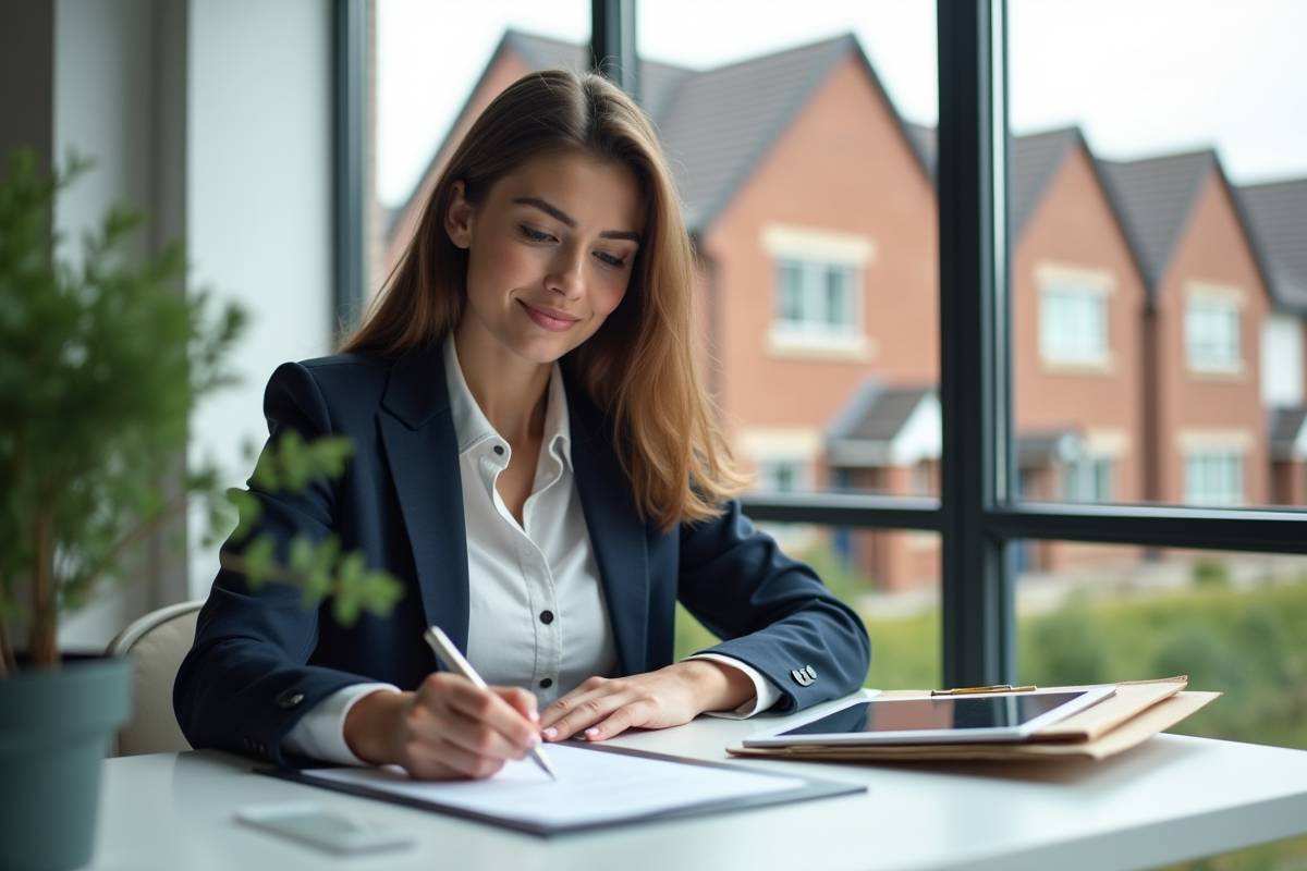Jeune femme professionnelle signe un contrat d assurance habitation dans un bureau moderne