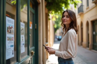 Femme lisant notices de location dans une rue de Béziers