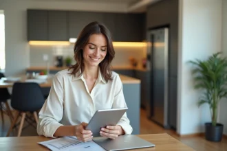 Femme utilisant une tablette dans une cuisine moderne
