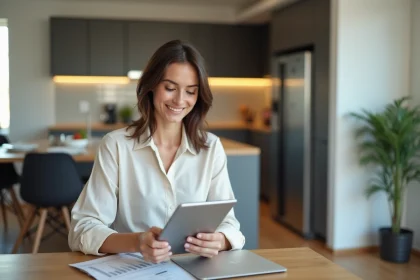 Femme utilisant une tablette dans une cuisine moderne