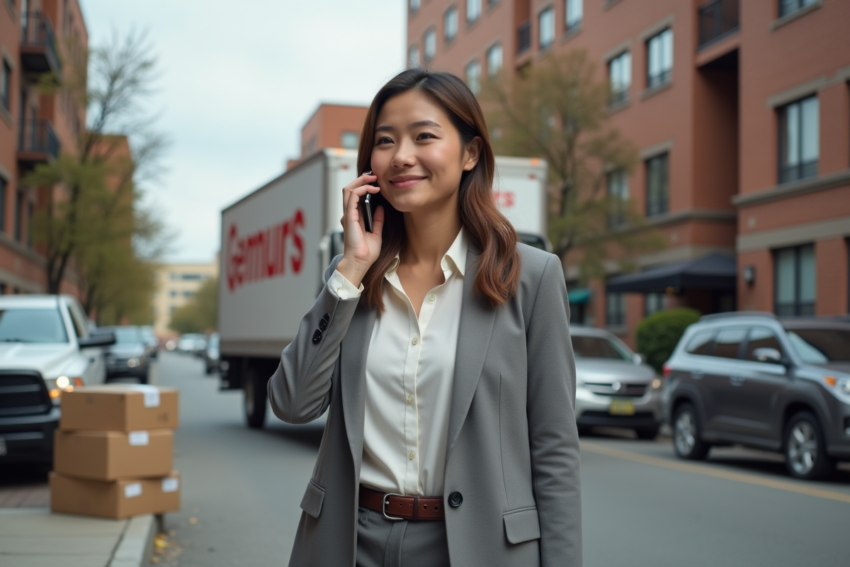Jeune femme parlant au téléphone devant un camion de déménagement en ville