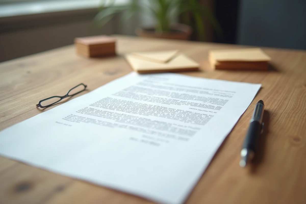 Vue aérienne d'une lettre de préavis manuscrite avec un bail et des enveloppes sur une table en bois