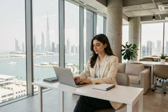 Freelance travaillant dans un espace de coworking moderne à la tour Almas, JLT Dubaï, avec vue sur le lac et la skyline