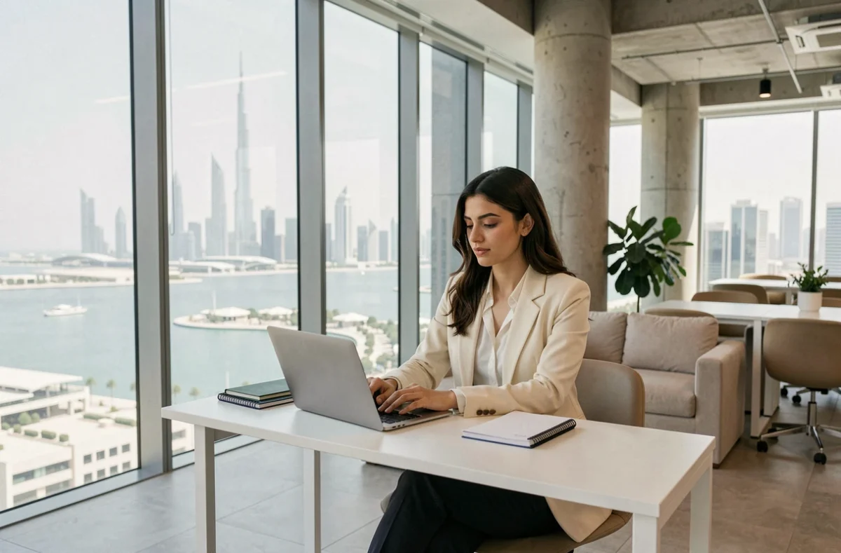 Freelance travaillant dans un espace de coworking moderne à la tour Almas, JLT Dubaï, avec vue sur le lac et la skyline