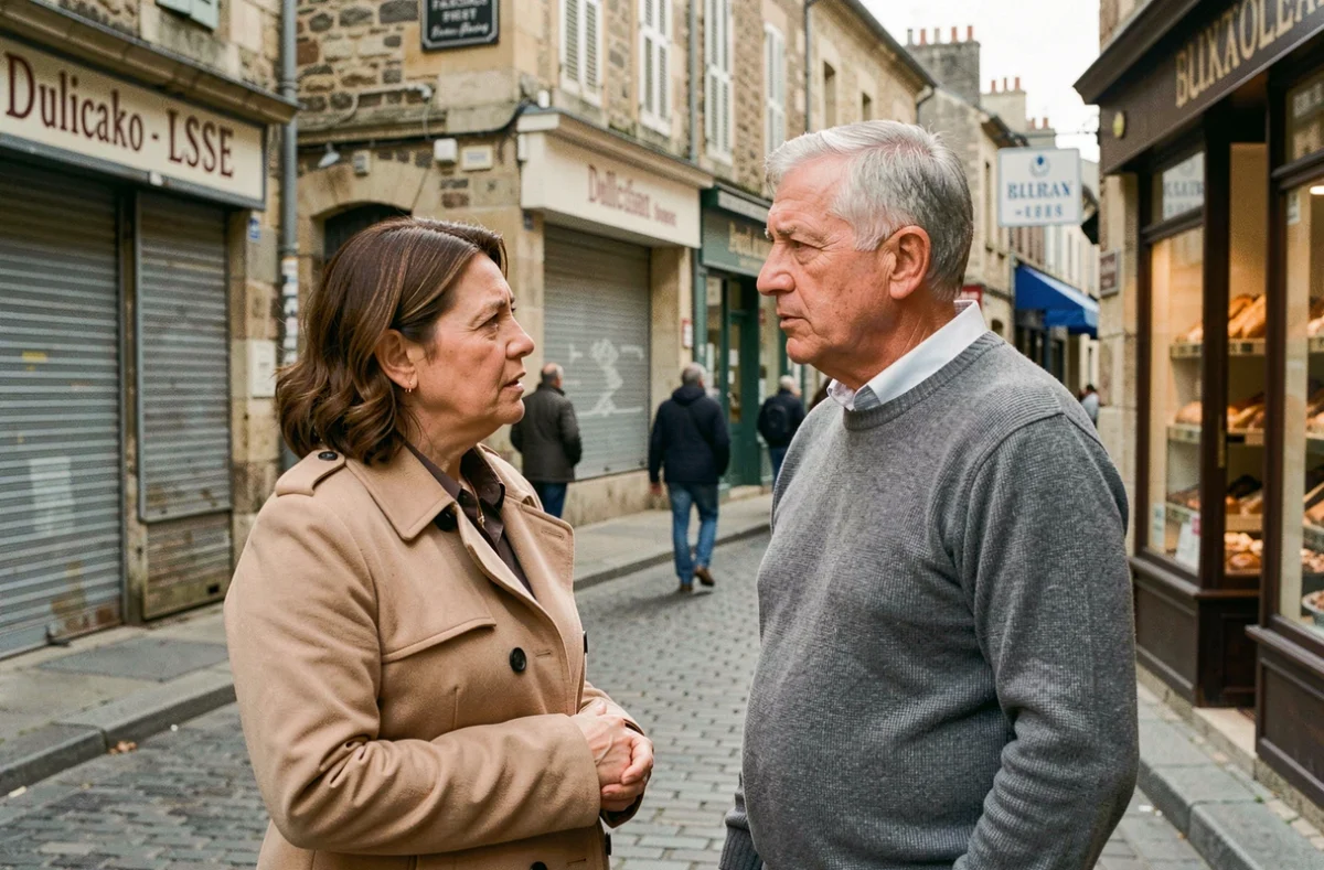 Habitants de Brive-la-Gaillarde discutant de leur quartier devant une boulangerie locale
