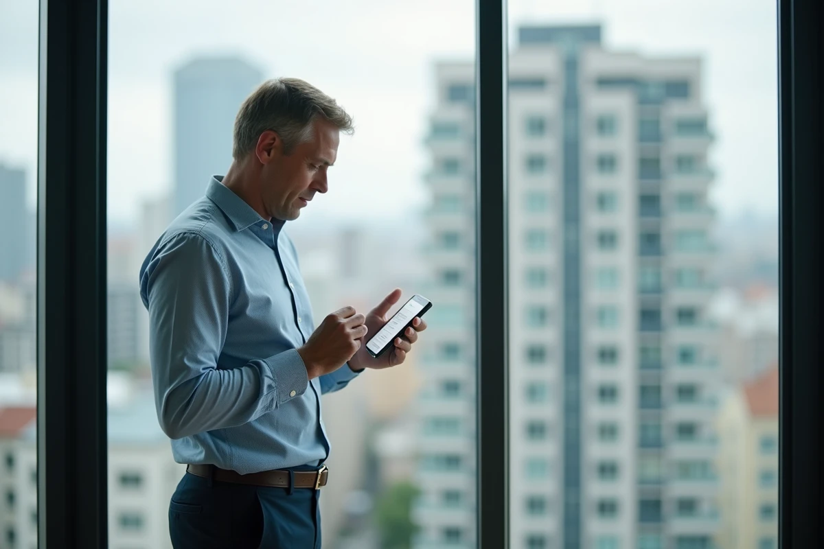 Homme consultant une application d'alertes immobilières sur smartphone dans un appartement moderne avec vue urbaine