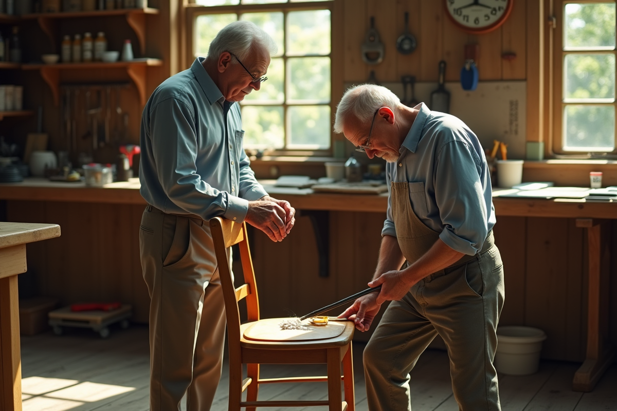 Homme âgé appliquant de la cire sur une chaise en bois dans un atelier lumineux