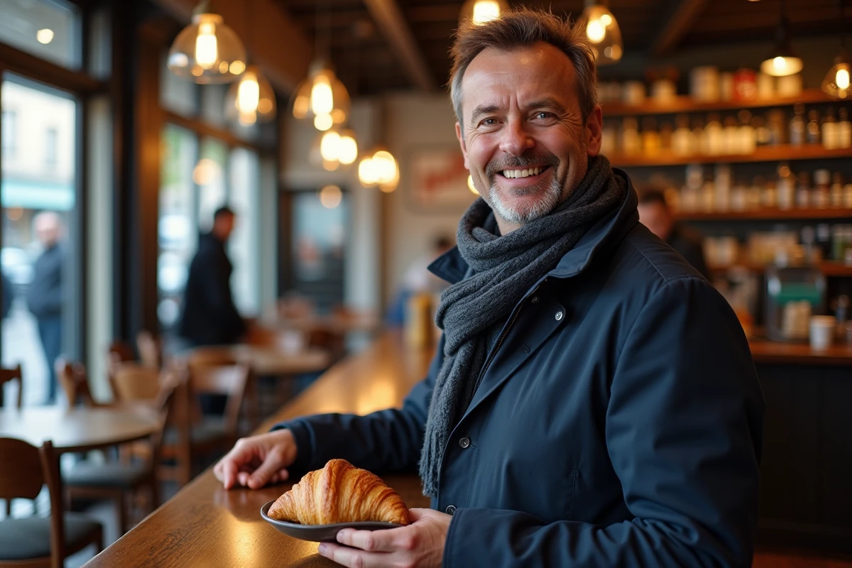Homme au café discutant avec barista à Saint Germain en Laye