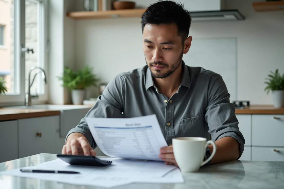 Homme calculant sa capacité d'emprunt immobilier à domicile avec des relevés bancaires et une calculatrice sur une table de cuisine