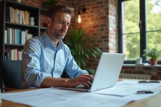 Homme consultant des avis clients sur permis-construire.com avec des plans architecturaux sur son bureau