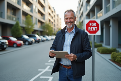 Homme d'âge moyen souriant vérifiant une place de parking