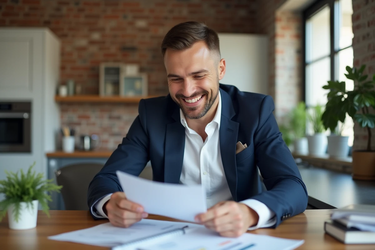 Homme souriant en costume bleu examine documents locatifs