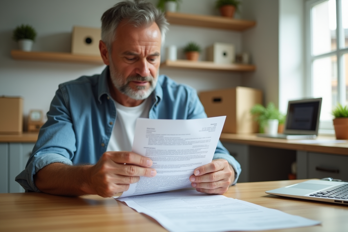 Homme d'âge moyen examinant un contrat de déménagement dans une cuisine lumineuse
