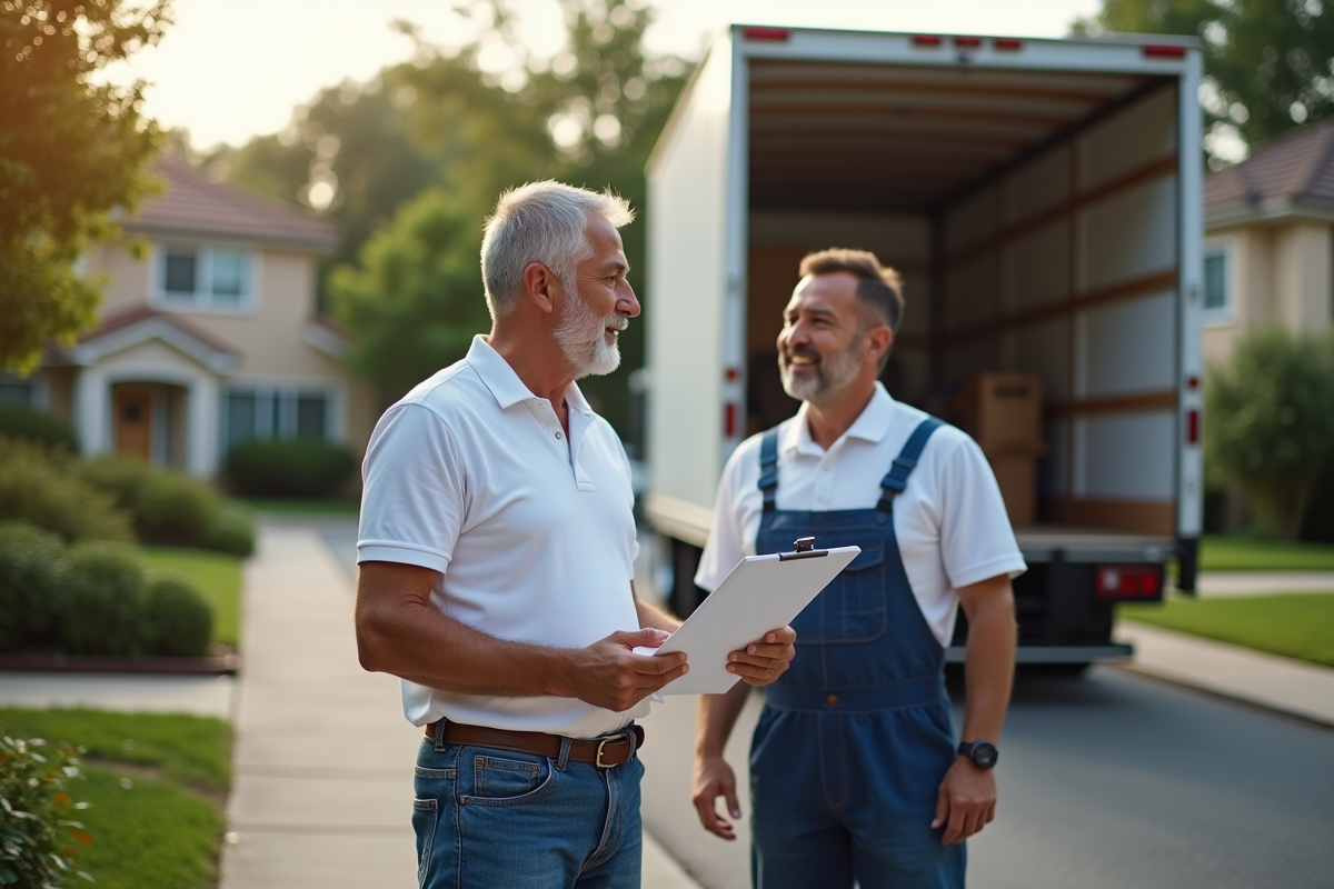 Homme avec contrat de déménagement parlant avec un déménageur