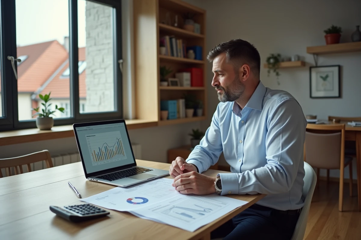 Homme d'âge moyen avec contrats et calculatrice dans un appartement
