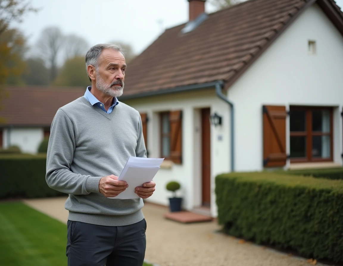 Homme devant une maison familiale de banlieue tenant une estimation immobilière dans le cadre d'un rachat de bien entre frères et sœurs