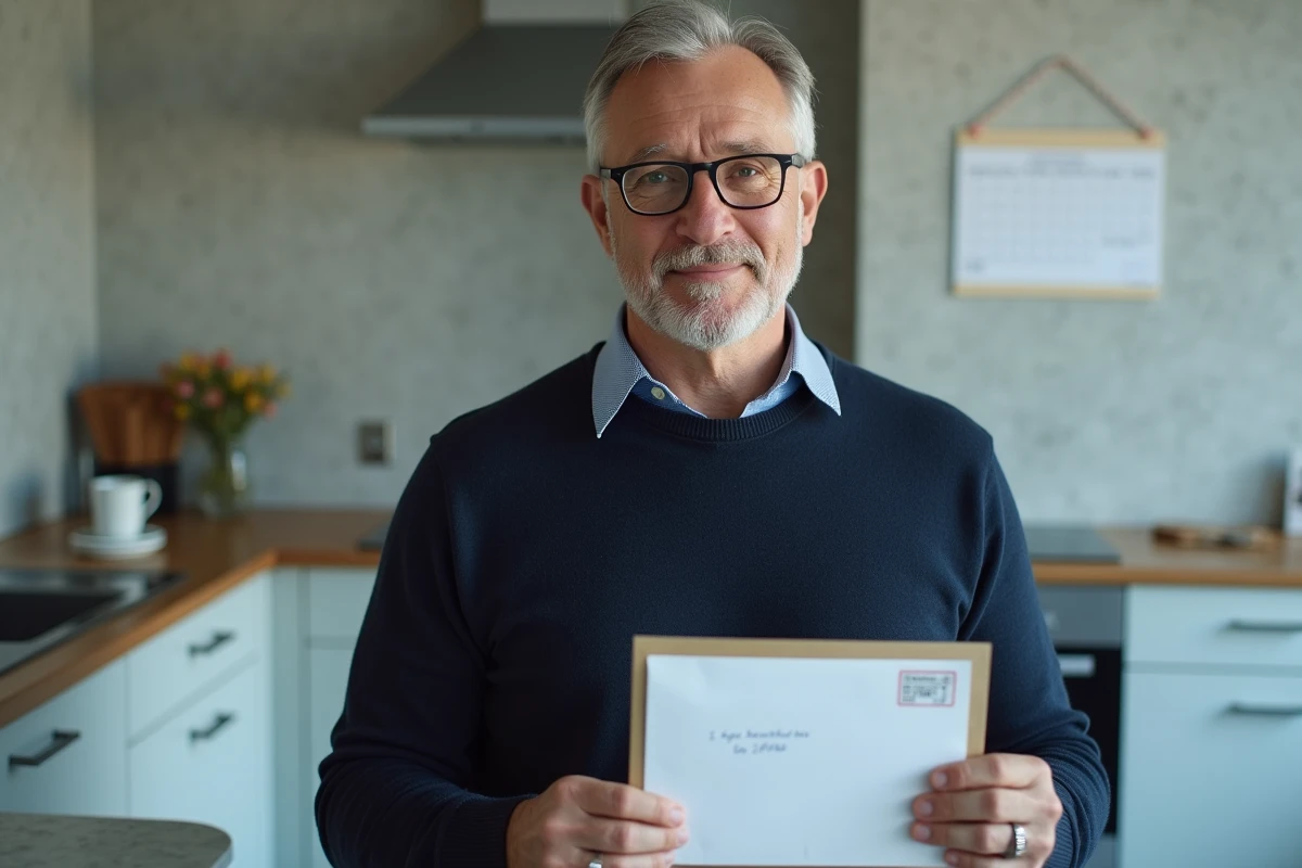 Homme tenant une enveloppe de lettre de préavis dans une cuisine d'appartement moderne