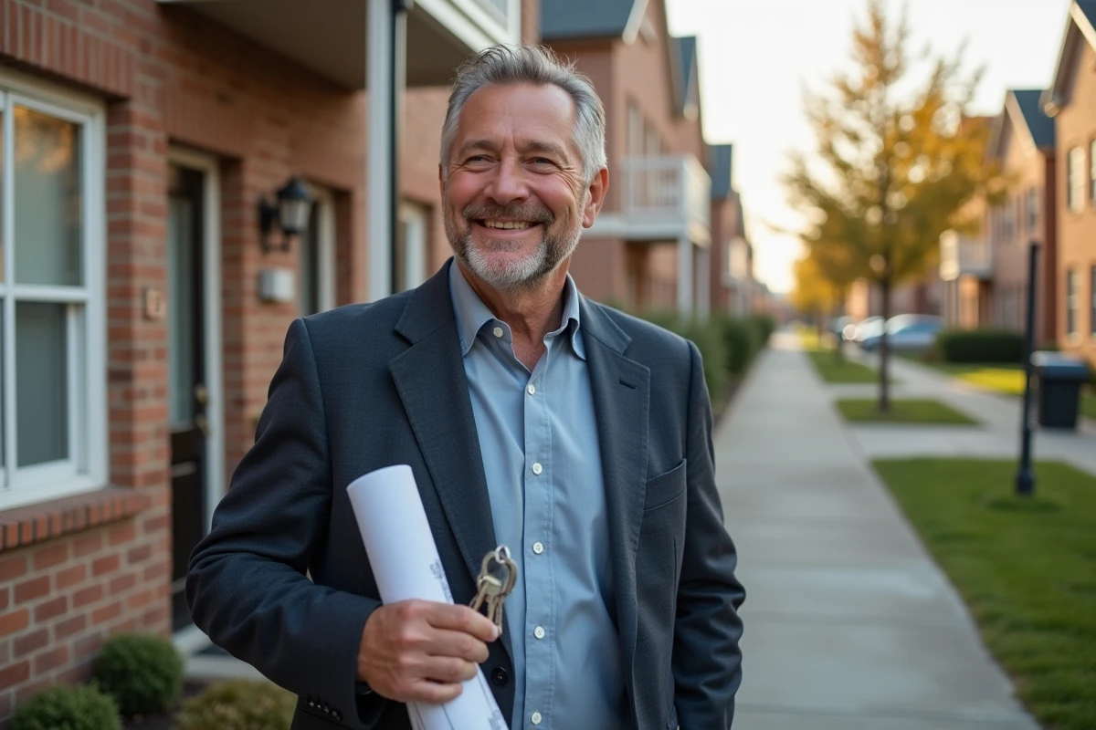 Homme souriant tenant des clés devant un immeuble