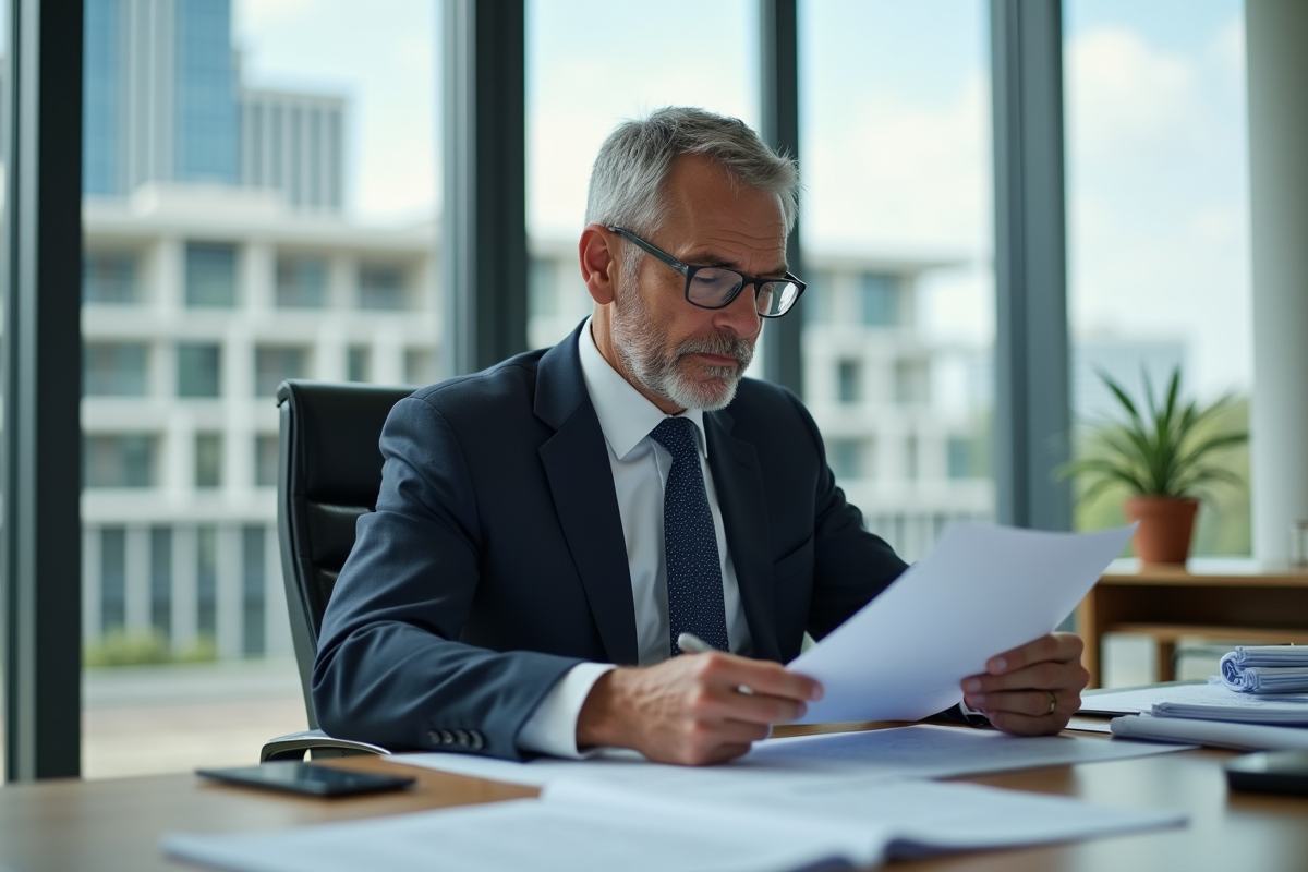 Homme d affaires lisant un contrat de credit immobilier au bureau