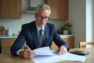 Homme d'âge moyen en costume bleu examine des documents de prêt immobilier