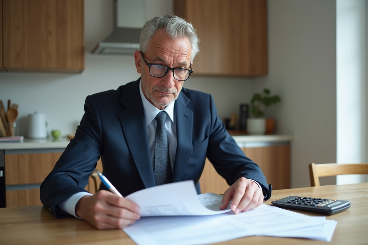 Homme d'âge moyen en costume bleu examine des documents de prêt immobilier