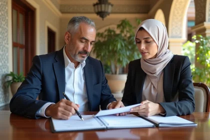Homme marocain en costume bleu lors d'une réunion immobiliere