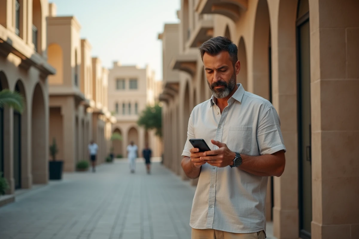 Homme vérifiant son téléphone devant un immeuble à Oud