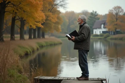 Homme d'âge moyen près d'un étang en automne