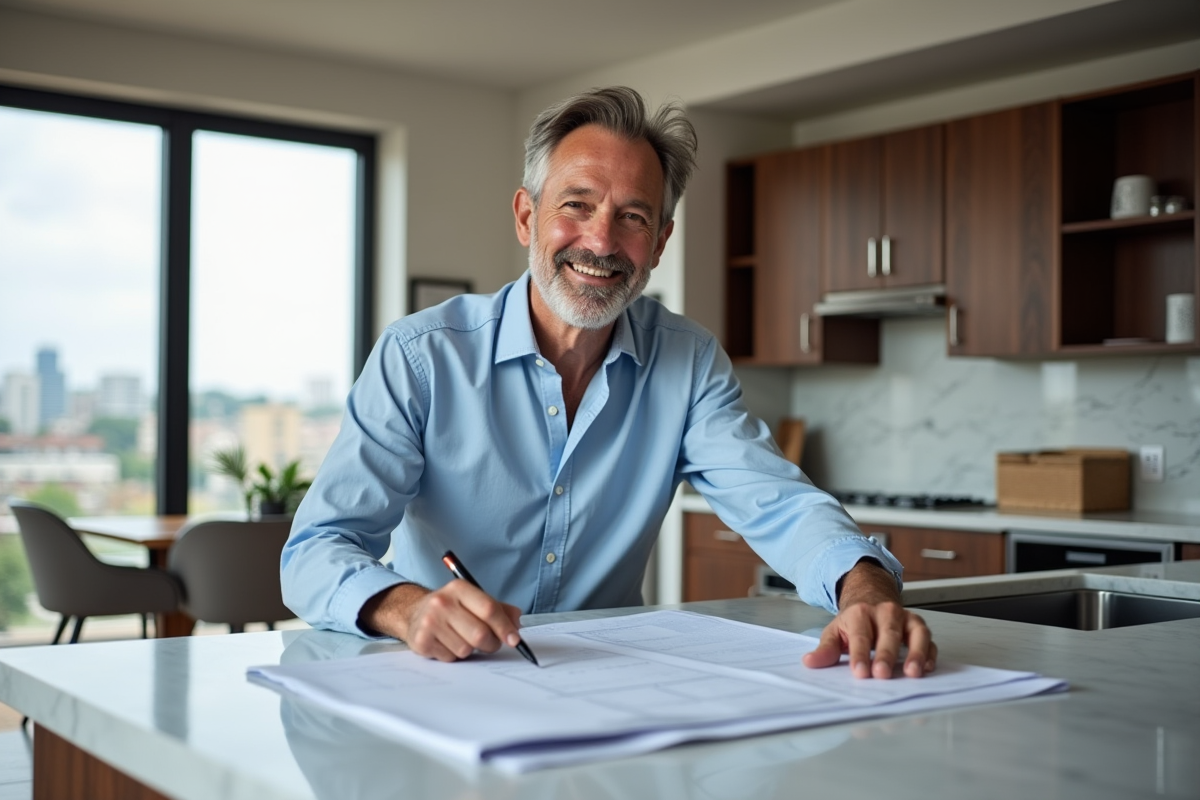 Homme confiant examinant plans de renovation dans une cuisine moderne
