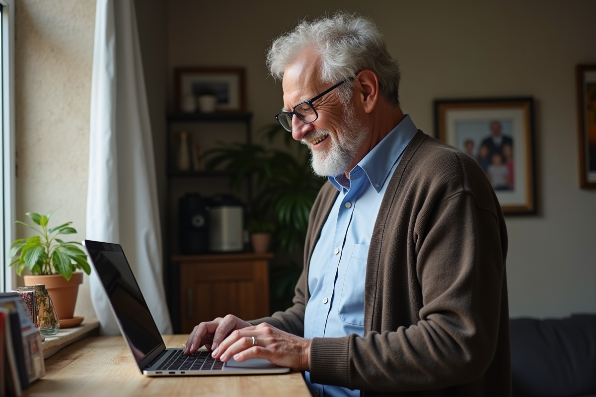 Homme retraité souriant utilise un ordinateur dans son salon