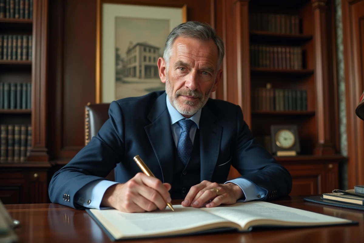 Homme d'âge moyen signant des documents dans un bureau ancien