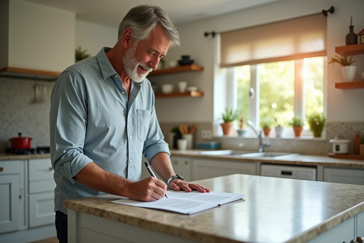 Homme signant un document dans une cuisine lumineuse