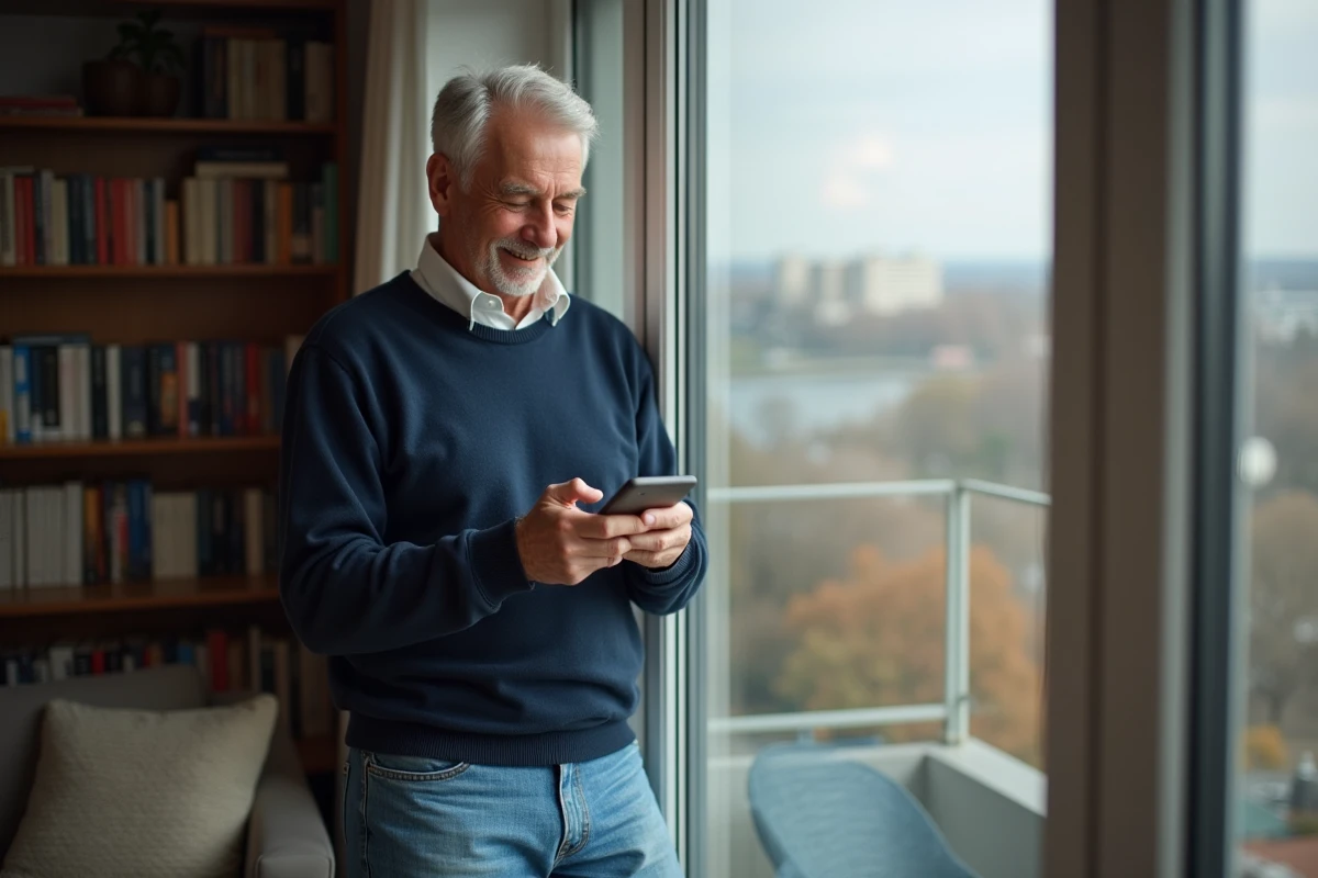 Homme surveillant sa propriété avec une application mobile