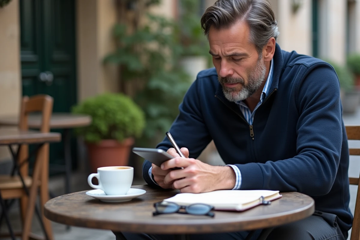 Homme en télétravail utilisant un outil professionnel sur smartphone depuis une terrasse de café