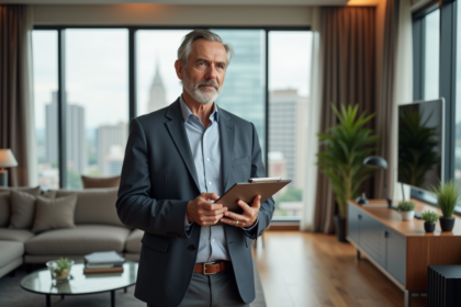 Homme d'âge moyen dans un appartement moderne en ville