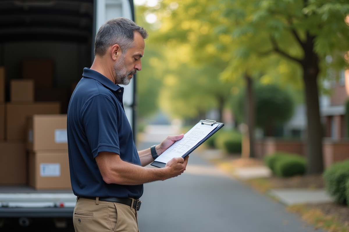 Homme vérifiant une checklist devant un camion de déménagement
