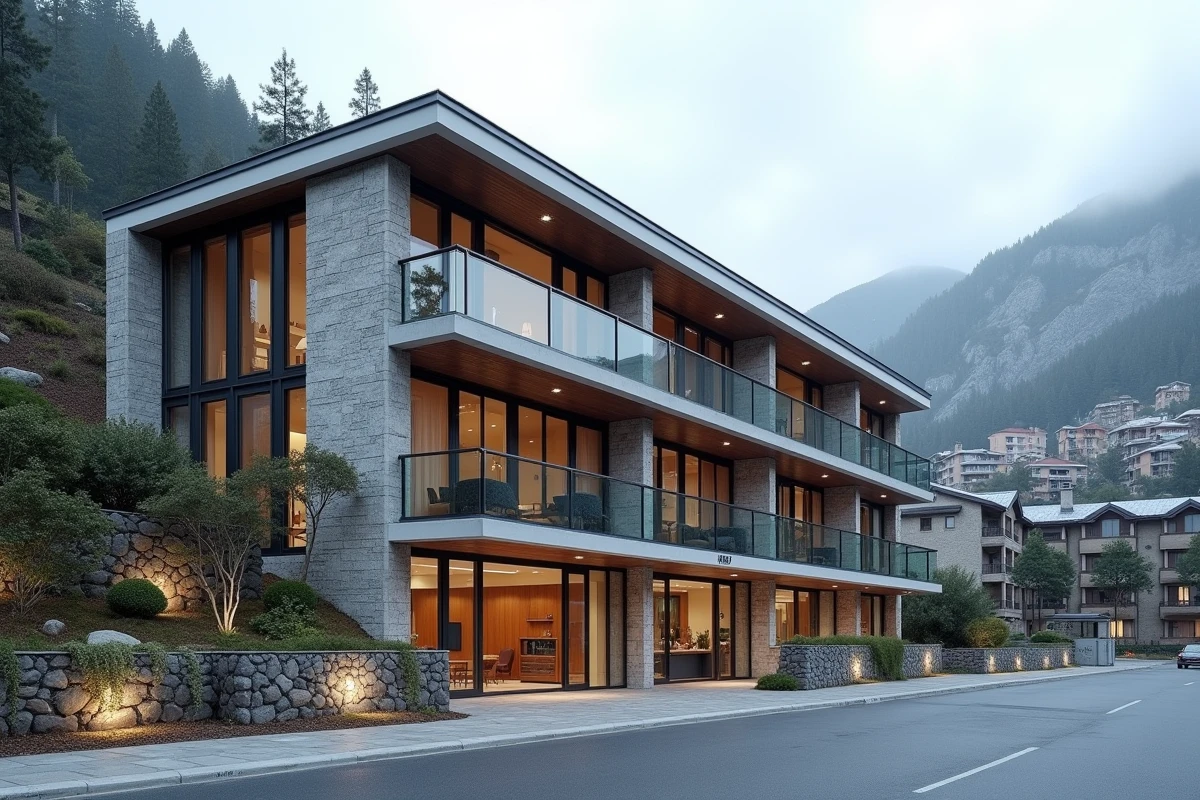 Immeuble résidentiel moderne à Andorre-la-Vieille avec balcons et façade en pierre, idéal pour résidence principale ou secondaire