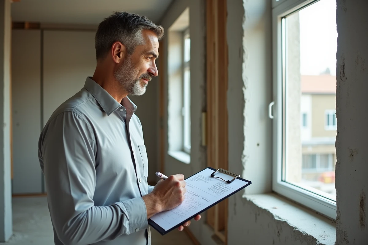 Propriétaire inspectant un appartement neuf en cours de livraison avec une liste de réserves sur clipboard