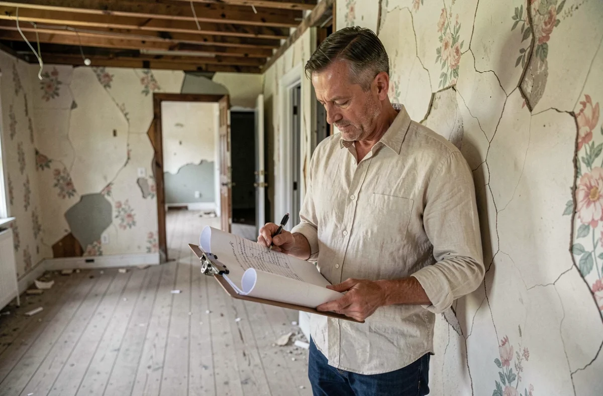 Homme consultant des plans d'architecte à l'intérieur d'une maison abandonnée avec murs fissurés et parquet abîmé