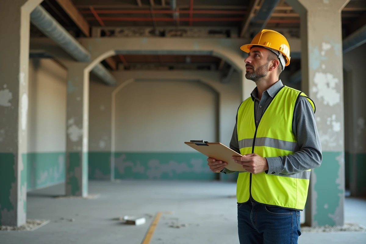 Diagnostiqueur immobilier inspectant un local commercial vide avant signature du bail
