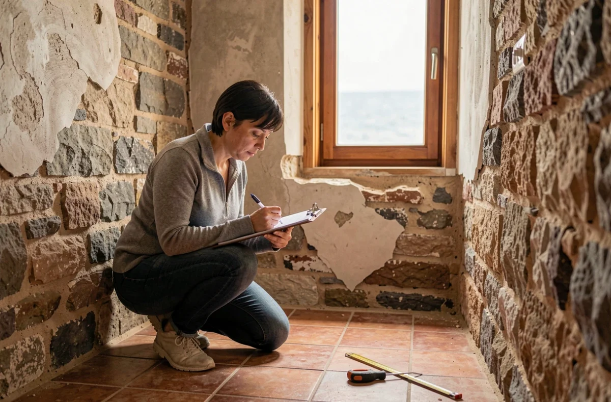 Femme prenant des notes dans l'intérieur d'une petite maison de pêcheur à rénover avec murs en pierre et sol en tomettes