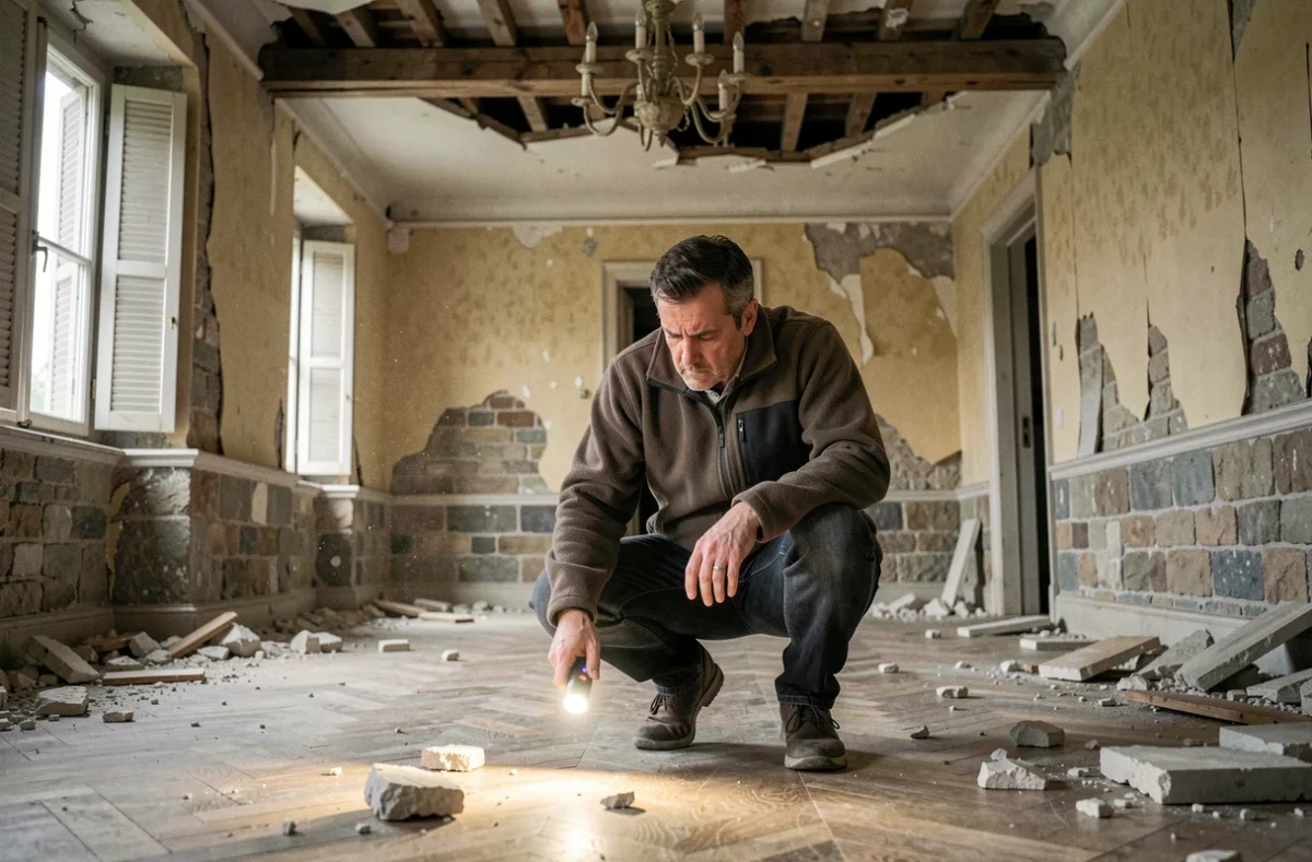 Homme inspectant l'intérieur dégradé d'un manoir à rénover acheté à prix symbolique, murs en ruine et parquet abîmé