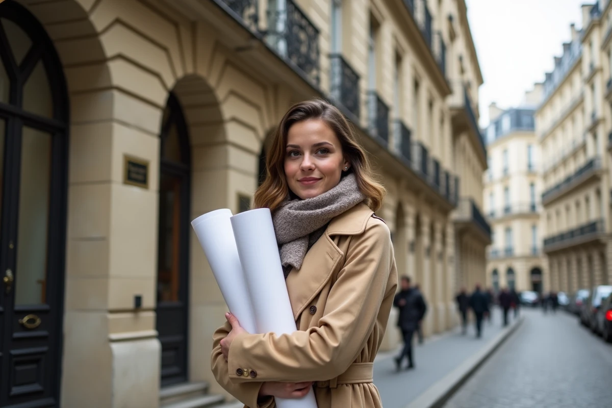 Jeune architecte posant devant une façade restaurée